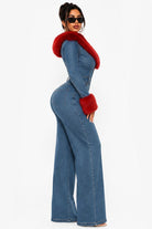 Women's denim faux fur collar and cuff flared denim jumpsuit - photo 3