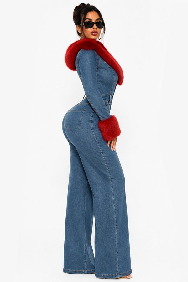 Women's denim faux fur collar and cuff flared denim jumpsuit - photo 3