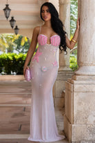 Women's pink beaded seashell bodice sheer mermaid maxi dress