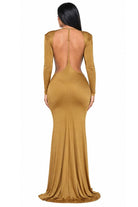 Women's gold boat neck long sleeve draped ruched maxi dress - photo 3