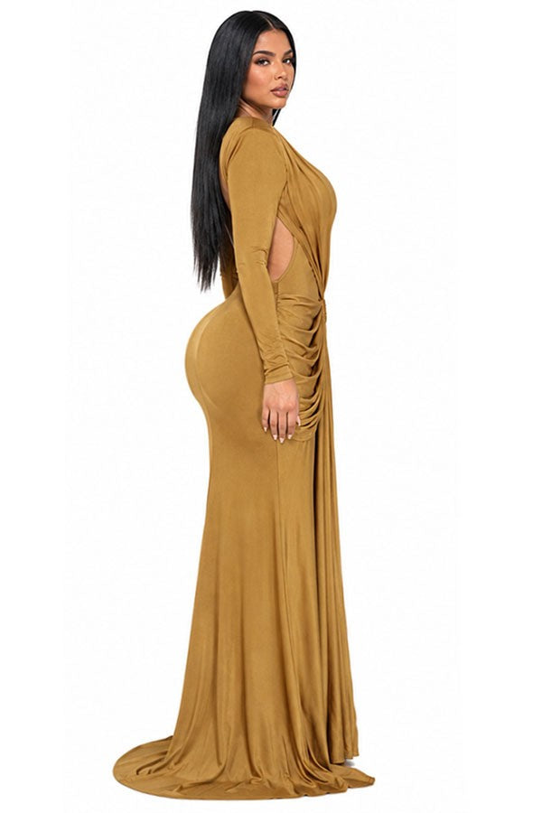 Women's gold boat neck long sleeve draped ruched maxi dress - photo 2