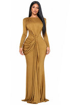 Women's gold boat neck long sleeve draped ruched maxi dress