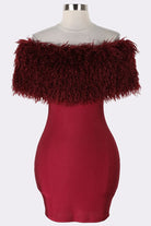 Women's burgundy off-shoulder faux fur trim mini dress - detail