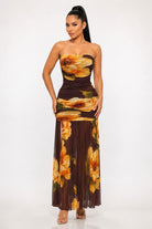 Women's Brown Floral Ruched Sheer Maxi Dress – front view