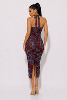 Women's Wine Abstract Print Ruched Halter Midi Dress – back view