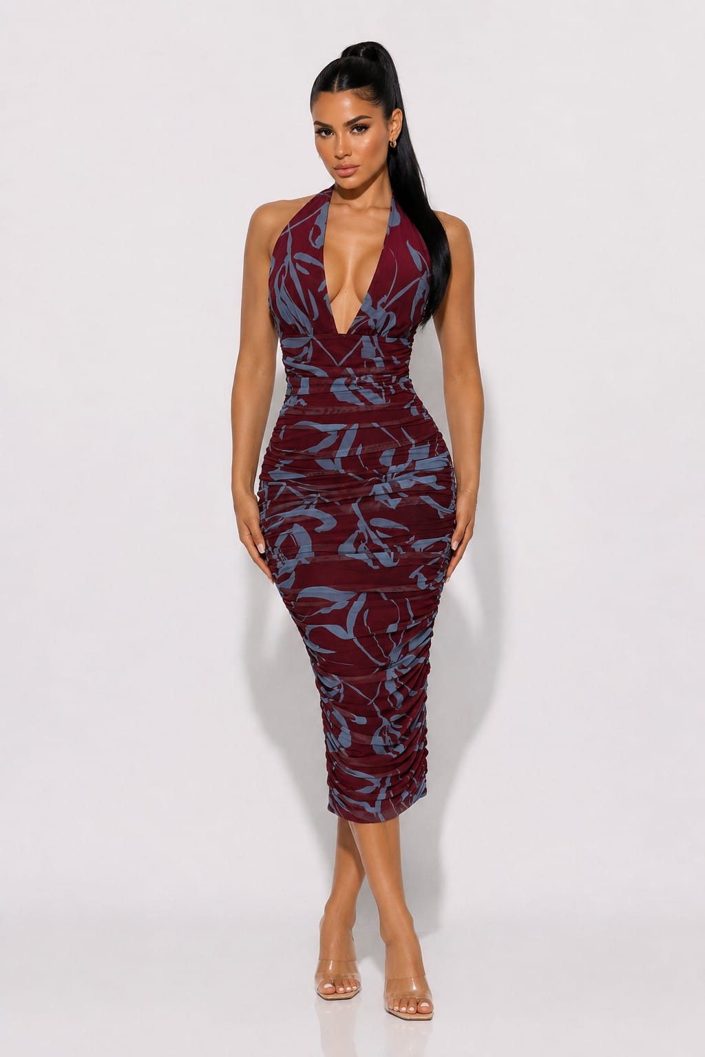 Women's Wine Abstract Print Ruched Halter Midi Dress – front view