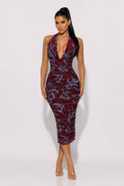 Women's Wine Abstract Print Ruched Halter Midi Dress – front view