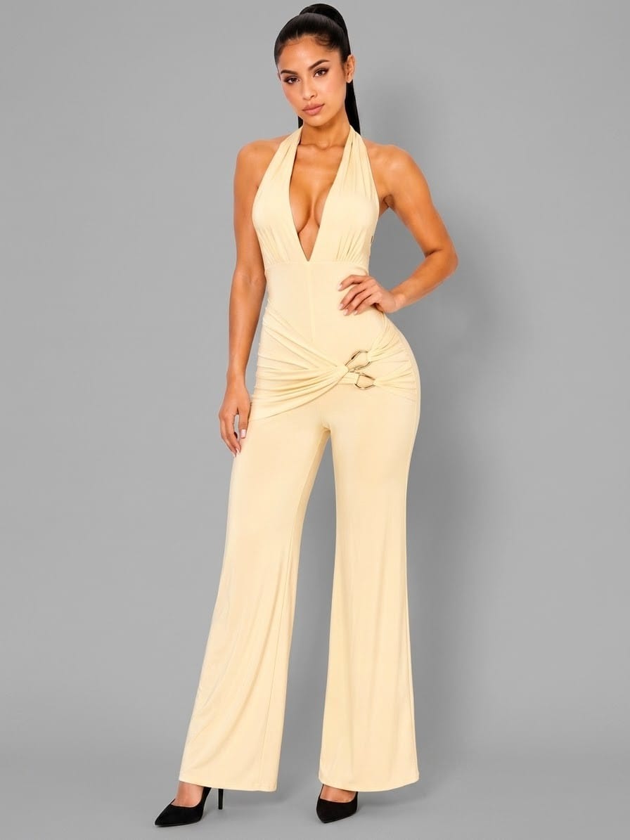 Women's Capri Sunset Halter Ruched Wide Leg Jumpsuit – front view