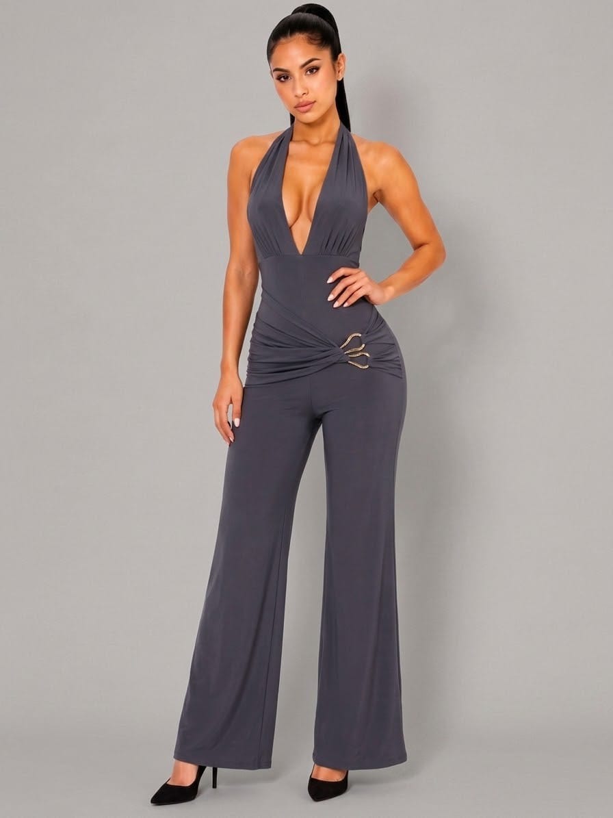 Women's Capri Sunset Halter Ruched Wide Leg Jumpsuit – side view