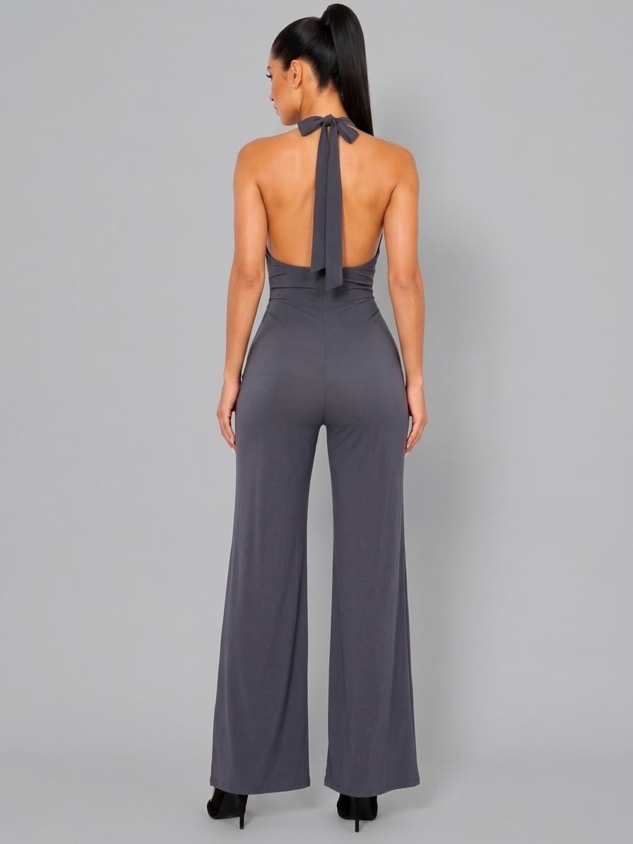 Women's Capri Sunset Halter Ruched Wide Leg Jumpsuit – back view