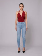 Women's Monaco Muse Power Mesh Halter Top with Gold Trim – front view