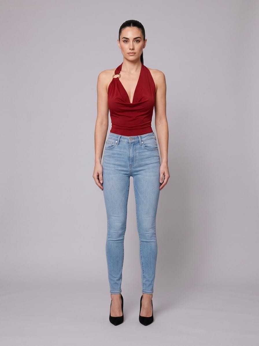 Women's Monaco Muse Power Mesh Halter Top with Gold Trim – front view