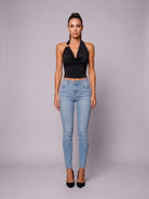 Women's Monaco Muse Power Mesh Halter Top with Gold Trim – side view