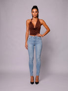 Women's Monaco Muse Power Mesh Halter Top with Gold Trim – back view