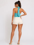 Women's Halo Curve Plunging Halter Ring Detail Bodysuit – full-length view