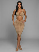 Women's Khaki Desert Muse Cutout Bodycon Dress – back view