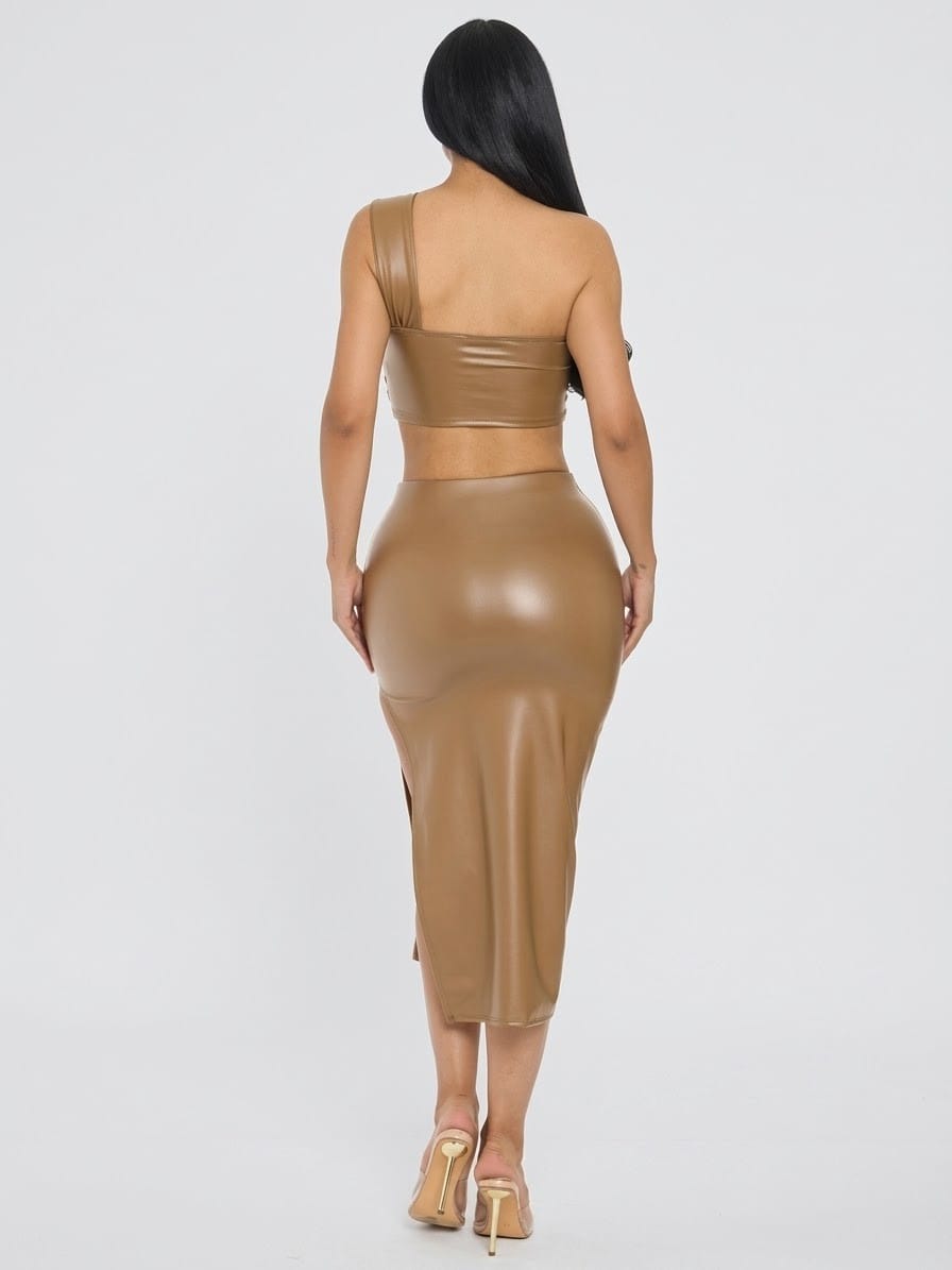 Women's Coffee Midnight Allure Knot Detail Side Slit Skirt Set – back view