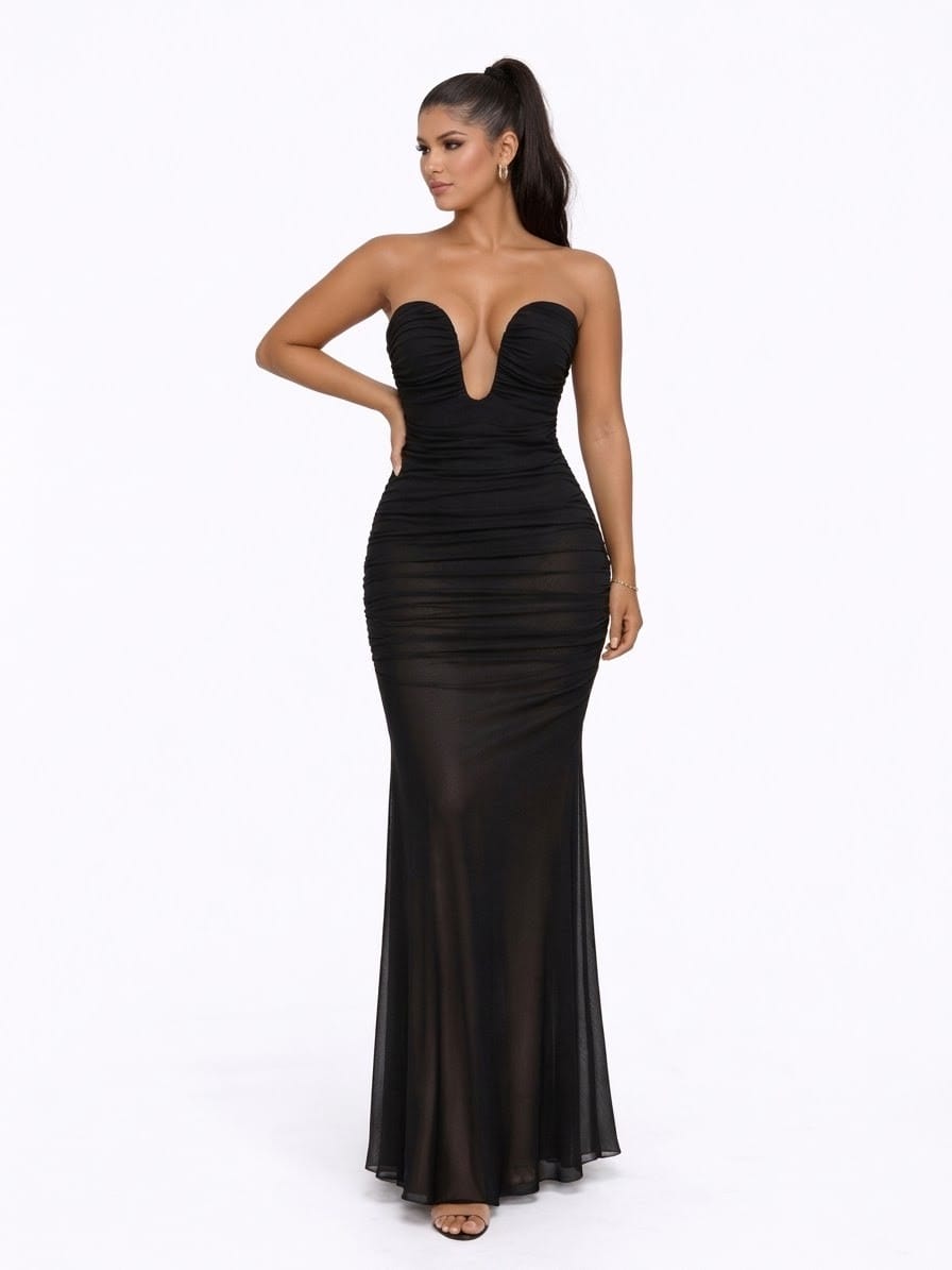 Women's Obsidian Star Strapless Plunging V-Neck Ruched Maxi Dress – front view