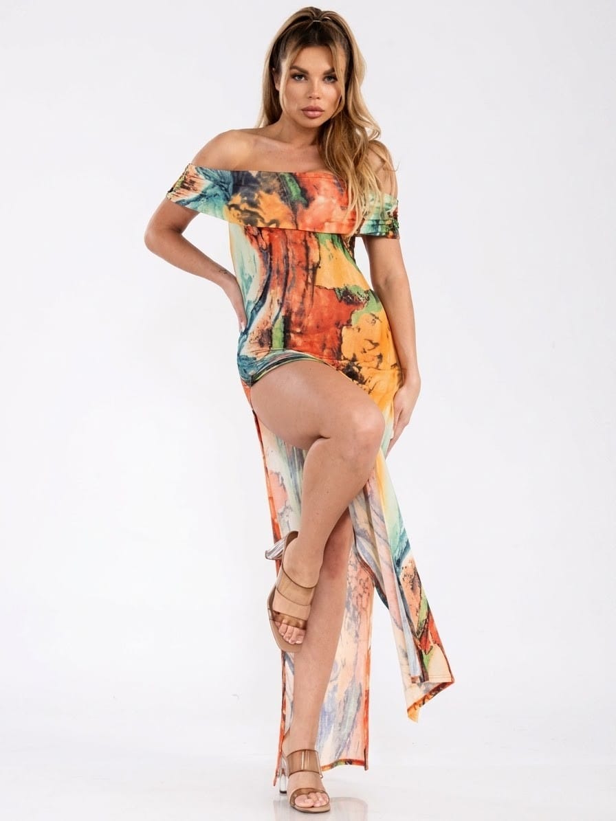 Women's Midnight Marble Off Shoulder Side Slit Dress – side view