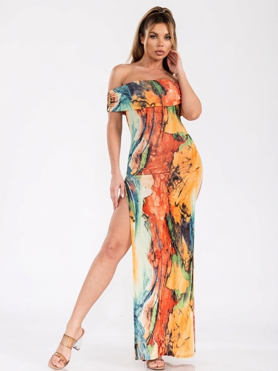 Women's Midnight Marble Off Shoulder Side Slit Dress – back view