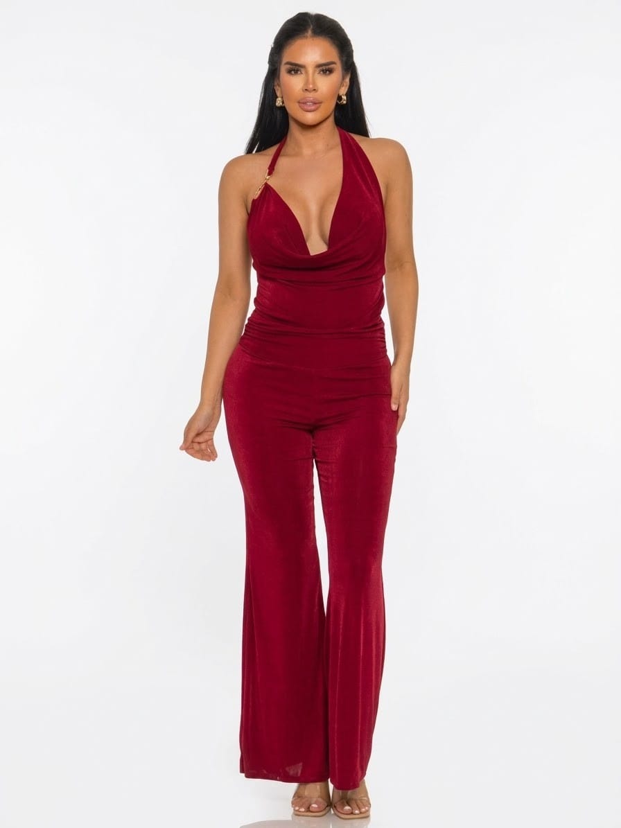 Women's Eclipse Draped Neck Wide Leg Jumpsuit – front view