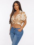 Women's Beige Tropic Breeze Botanical Print Cropped Shirt – detail view