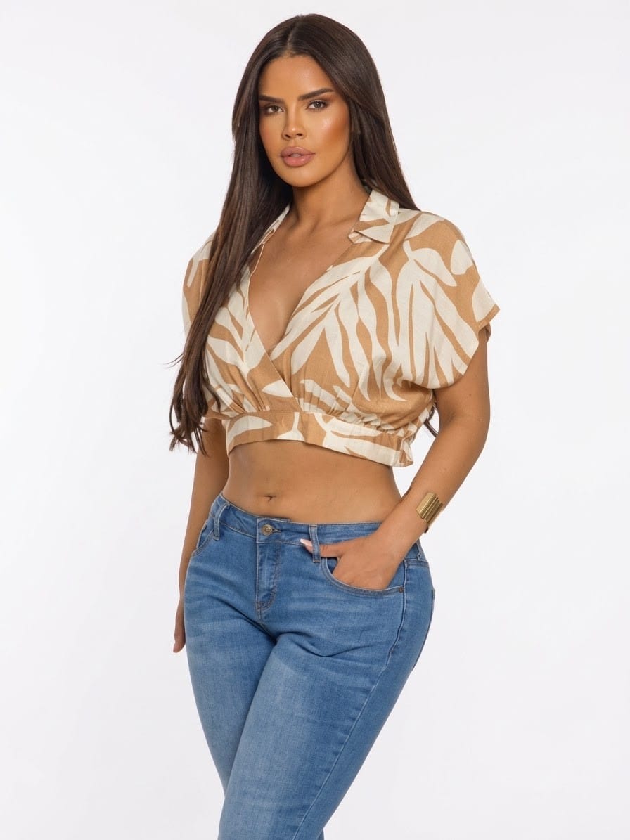 Women's Beige Tropic Breeze Botanical Print Cropped Shirt – detail view