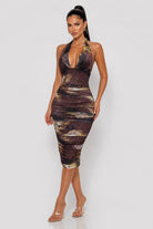 Women's Brown Sculpted Halter Ruched Midi Dress – front view