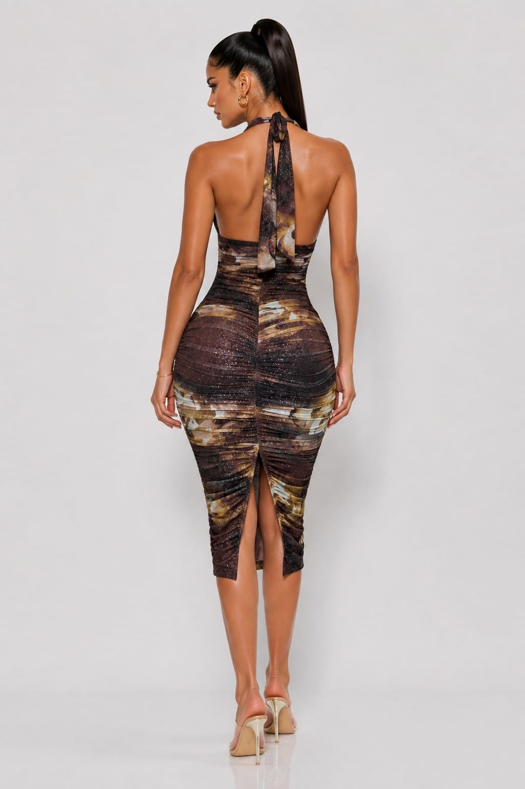 Women's Brown Sculpted Halter Ruched Midi Dress – side view