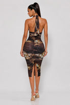 Women's Brown Sculpted Halter Ruched Midi Dress – side view