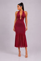 Women's Seraphina Charm Ruched Halter Keyhole Mermaid Midi Dress – front view
