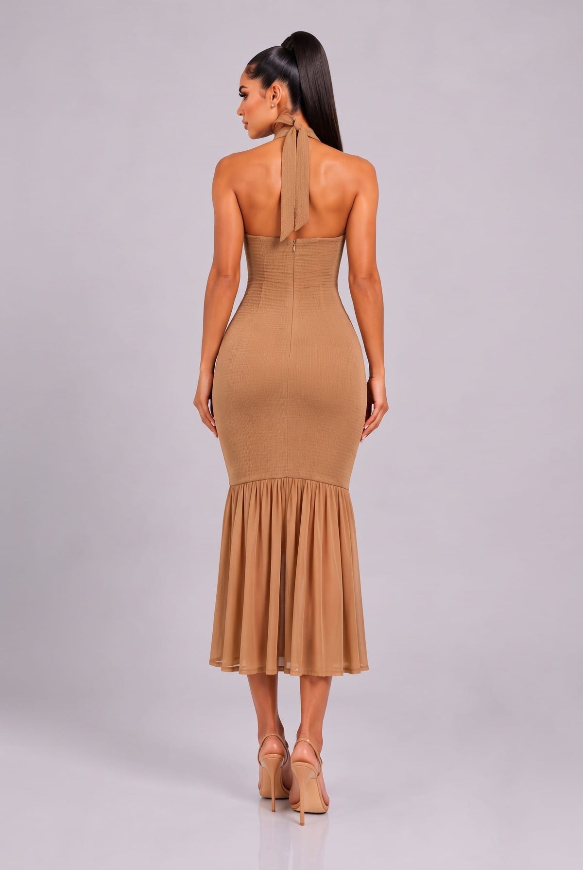 Women's Seraphina Charm Ruched Halter Keyhole Mermaid Midi Dress – back view