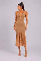Women's Seraphina Charm Ruched Halter Keyhole Mermaid Midi Dress – side view