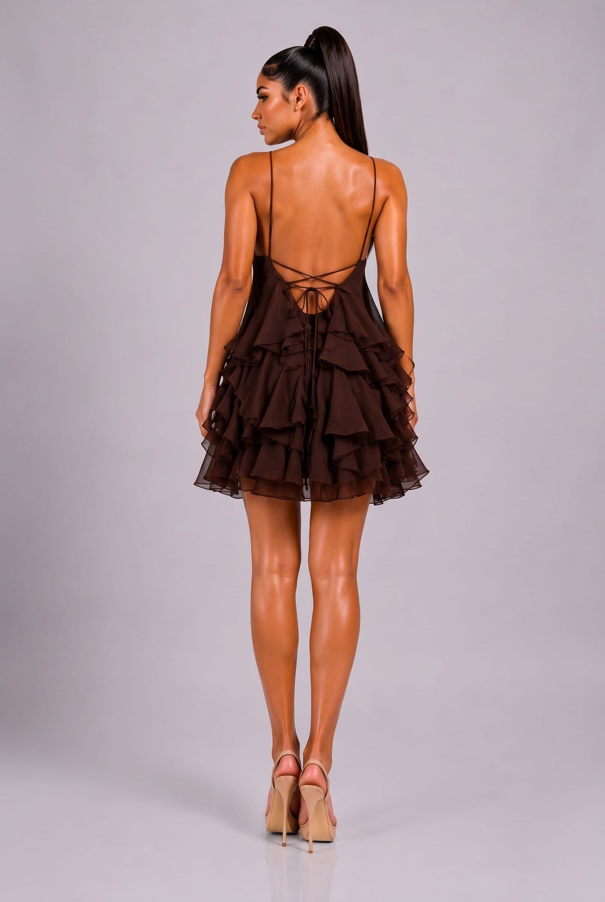 Women's Off-White Rosette Cascade Floral Appliqué Halter Ruffle Mini Dress – detail view