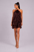 Women's Rosette Cascade Floral Appliqué Halter Ruffle Mini Dress – front view