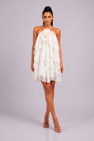 Women's White Rosette Cascade Floral Appliqué Halter Ruffle Mini Dress – front view