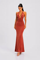 Women's Jewel Siren Gemstone Button Halter Mermaid Gown – side view