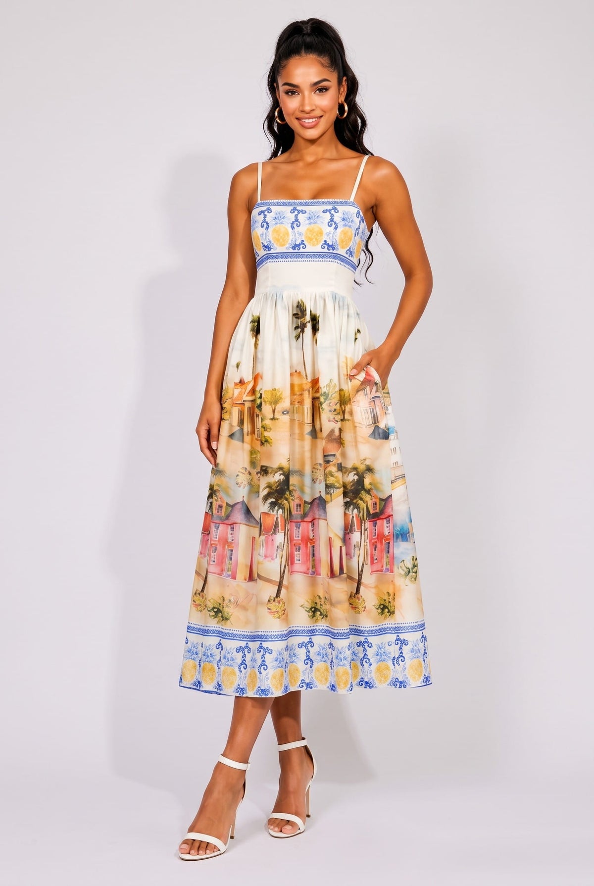 Women's Off-White Positano Postcard Scenic Print Midi Dress – back view