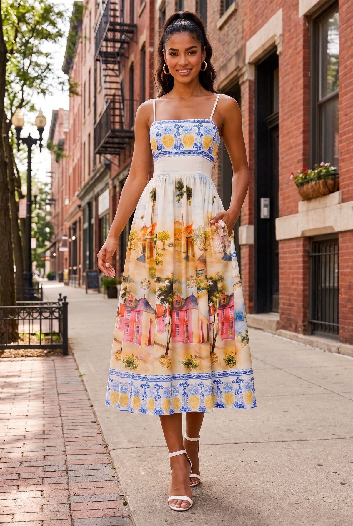 Women's Off-White Positano Postcard Scenic Print Midi Dress – side view