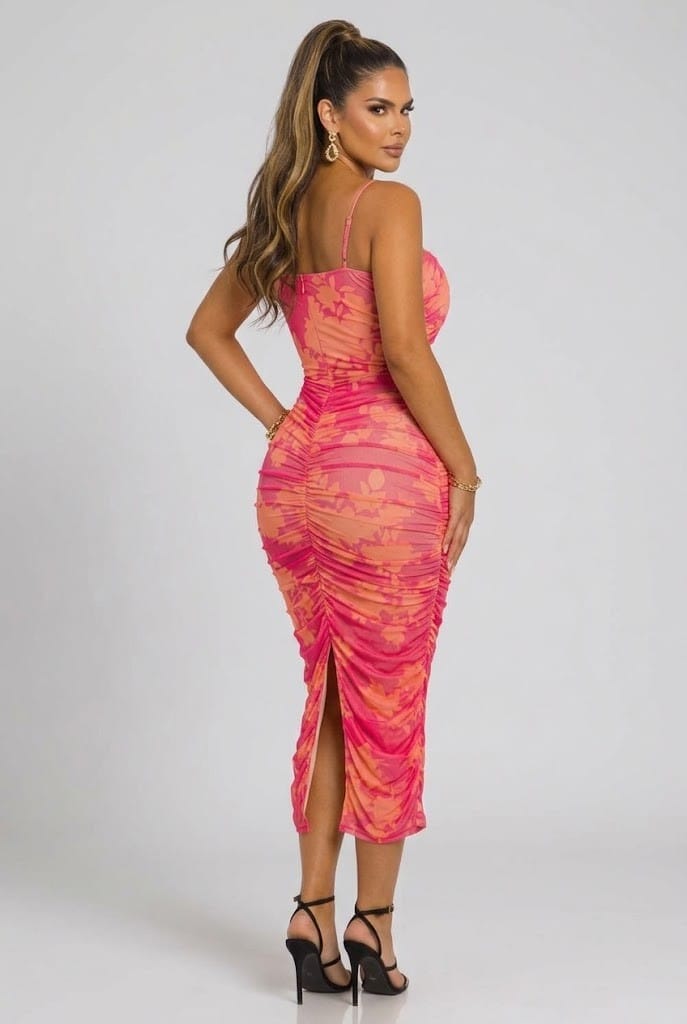 Women's Pink Sunset Bloom Floral Mesh Midi Dress – front view