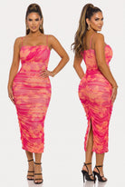Women's Pink Sunset Bloom Floral Mesh Midi Dress – detail view