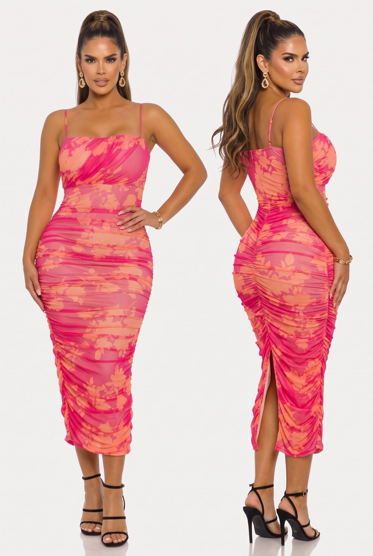 Women's Pink Sunset Bloom Floral Mesh Midi Dress – detail view