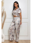 Women's Brown Marble Luxe Satin Print Wide Leg Pant Set – full-length view
