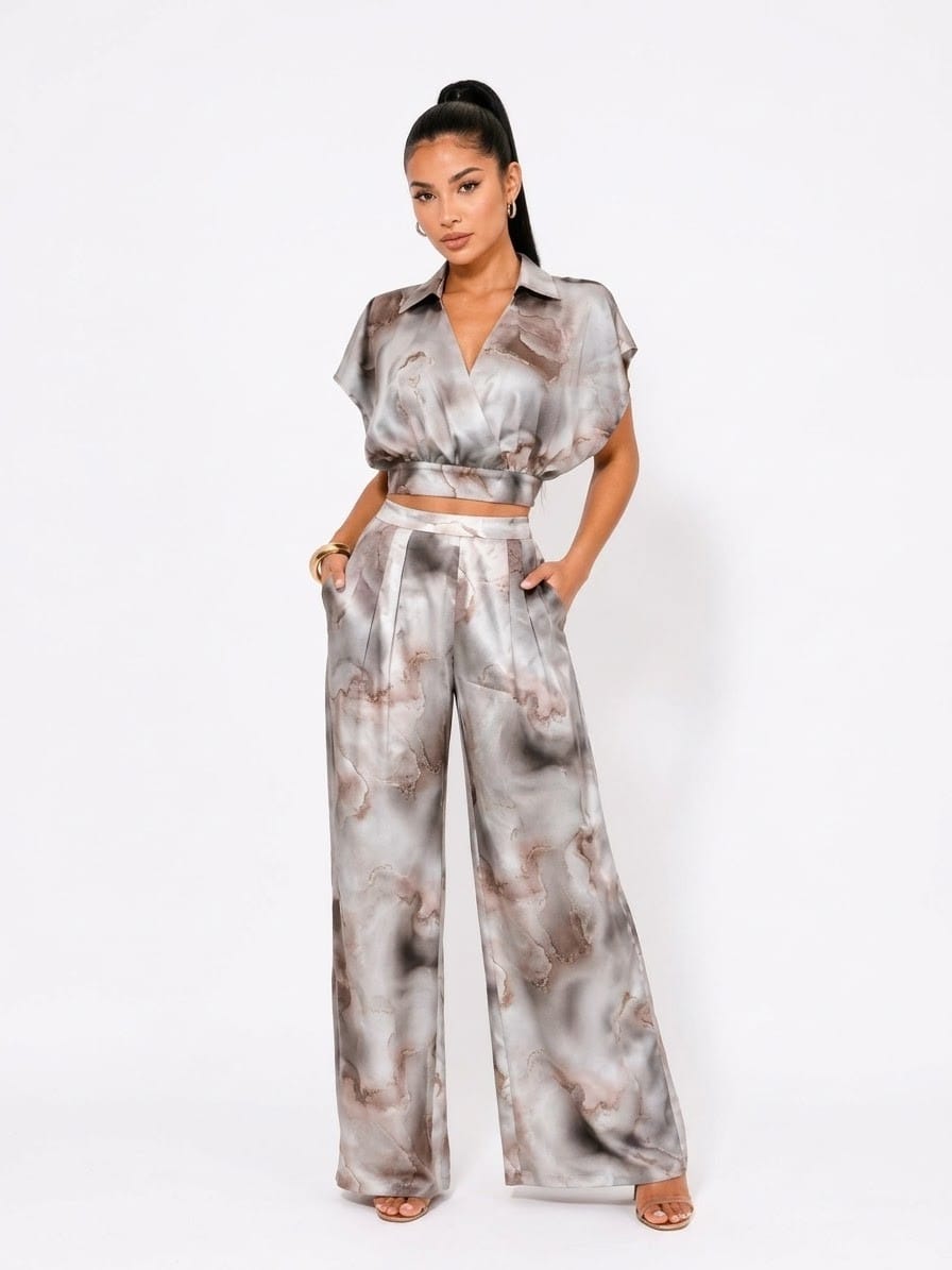 Women's Brown Marble Luxe Satin Print Wide Leg Pant Set – back view