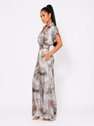 Women's Brown Marble Luxe Satin Print Wide Leg Pant Set – detail view