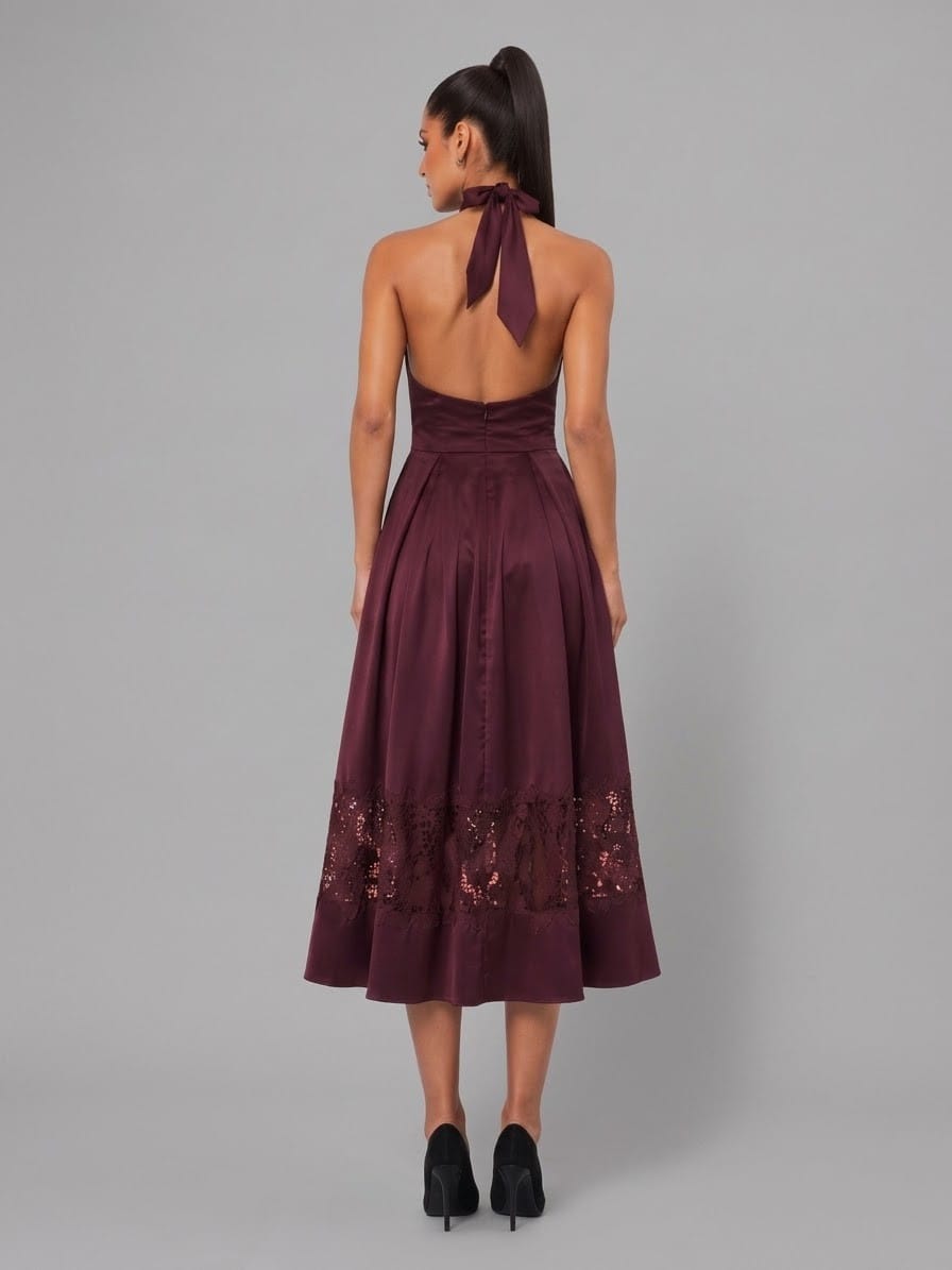 Women's Halter Wrap Botton Lace Midi Dress – detail view