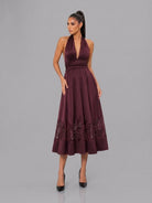 Women's Halter Wrap Botton Lace Midi Dress – front view