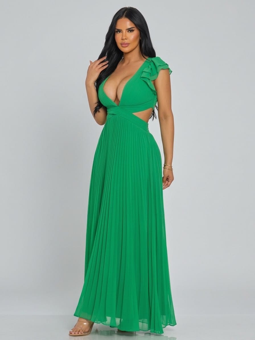 Women's Green Envy Plunging Neck Cutout Pleated Maxi Dress – side view