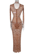 Women's nude rhinestone long sleeve maxi dress - side
