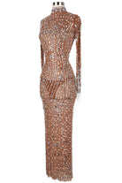 Women's nude rhinestone long sleeve maxi dress - back